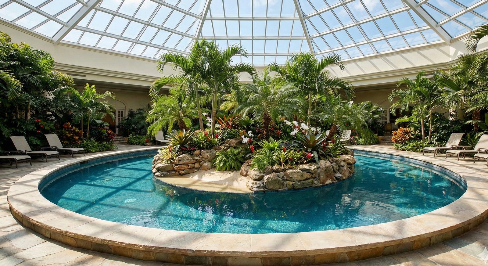 Circular pool beneath a glass dome with central botanical island and natural stone