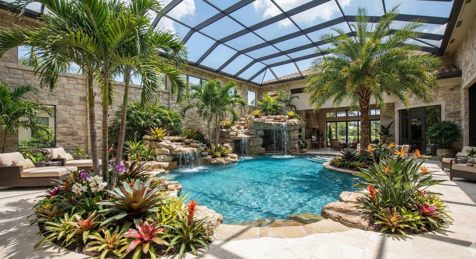 Indoor tropical atrium with glass ceiling, palm trees, waterfalls, and natural rock pool