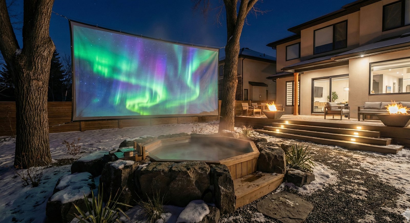 Winter hot tub installation with outdoor projection screen displaying the aurora borealis