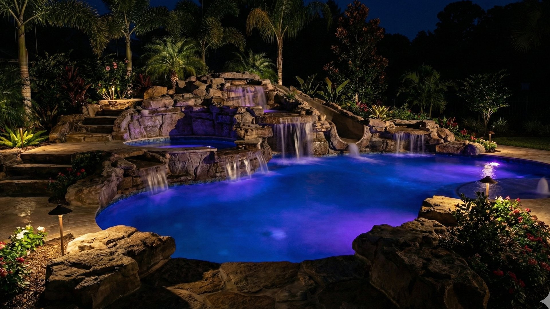 Multi-tiered natural rock waterfall pool illuminated at night