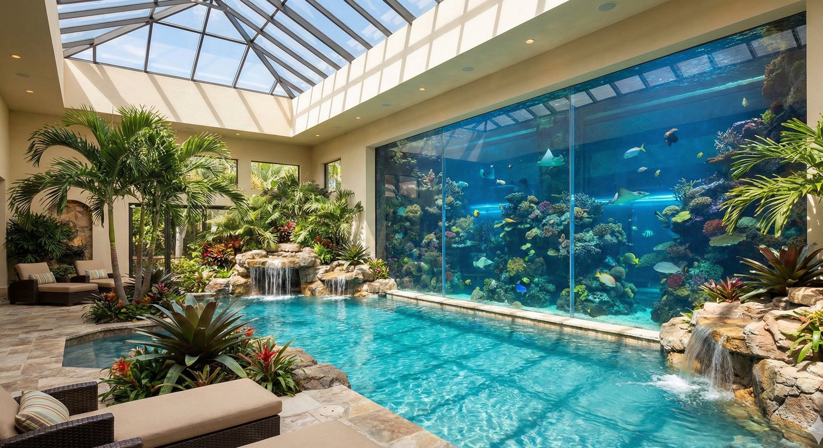 Swimming pool seamlessly integrated with a living saltwater aquarium through structural acrylic panels
