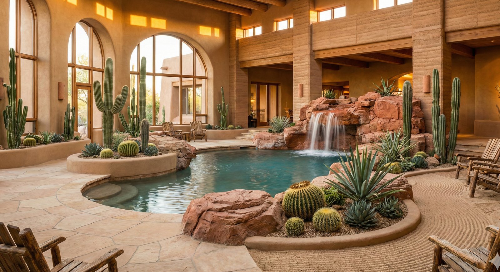 Desert oasis pool surrounded by cacti, sandstone, and natural waterfalls in warm ambient lighting