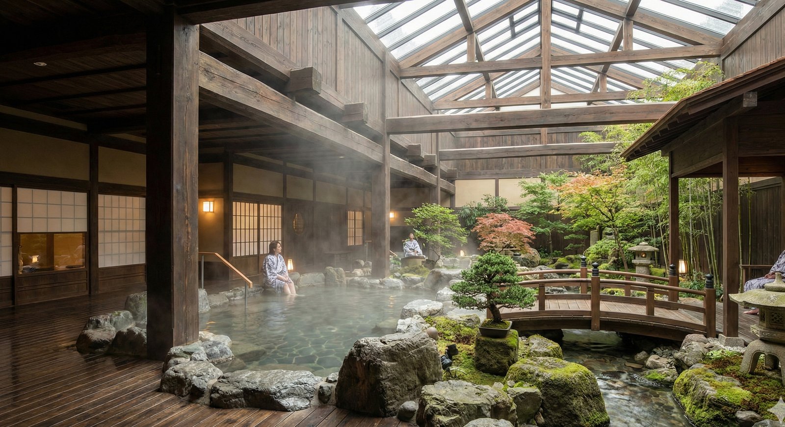 Authentic Japanese Onsen with wooden bridge, natural stone, and steam rising through traditional architecture