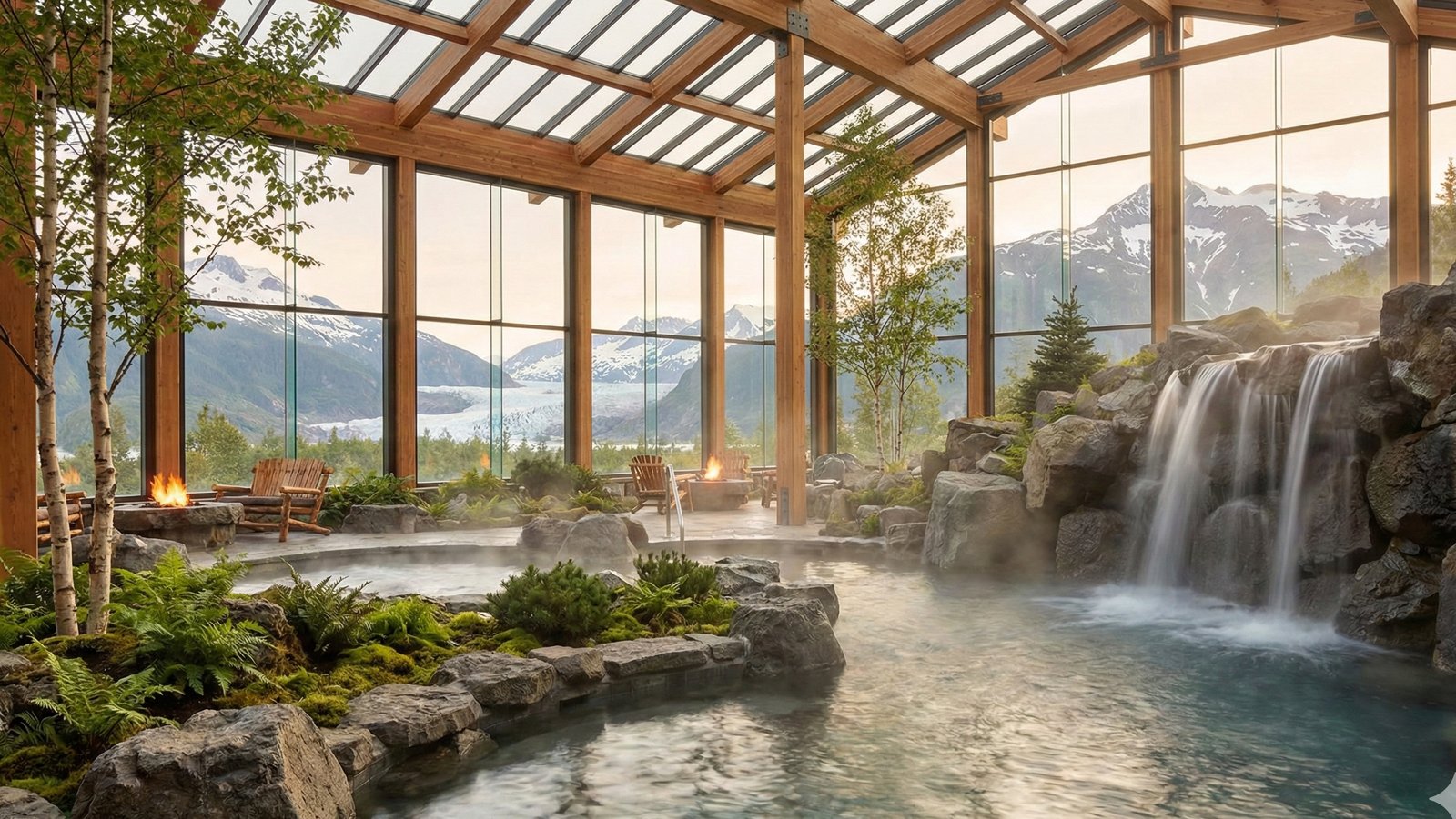 Mountain lodge pool with timber frame, waterfall, and panoramic alpine views