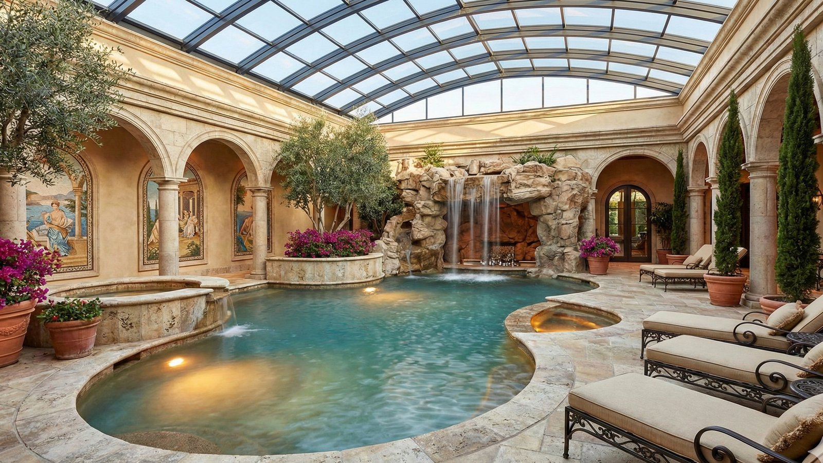 Roman-inspired courtyard pool with stone arches, frescoes, grotto waterfall, and glass atrium ceiling
