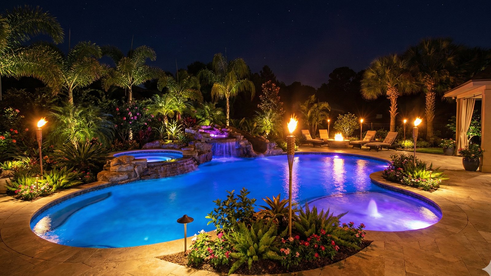 Tropical pool illuminated at night with tiki torches and lush palm gardens